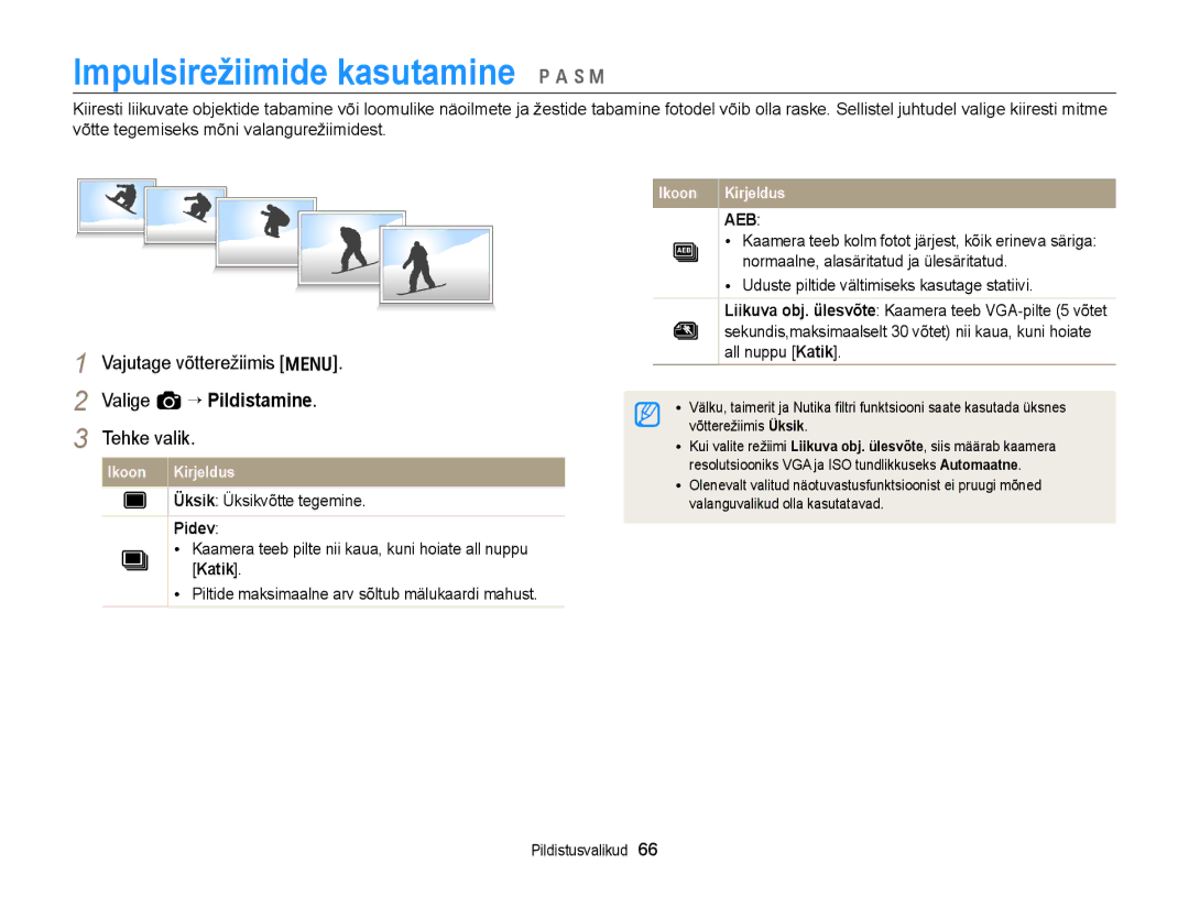 Samsung EC-WB700ZBPBE2 manual Impulsirežiimide kasutamine p a h M, Valige a “ Pildistamine, Pidev 