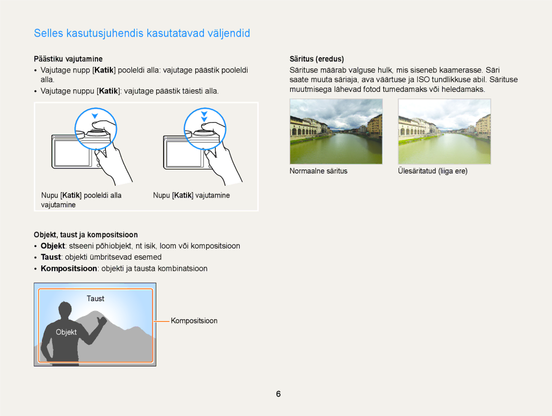 Samsung EC-WB700ZBPBE2 manual Selles kasutusjuhendis kasutatavad väljendid, Päästiku vajutamine, Säritus eredus 