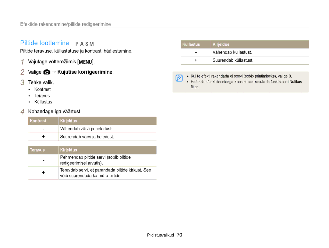 Samsung EC-WB700ZBPBE2 manual Piltide töötlemine p a h M, Valige a “ Kujutise korrigeerimine, Kohandage iga väärtust 