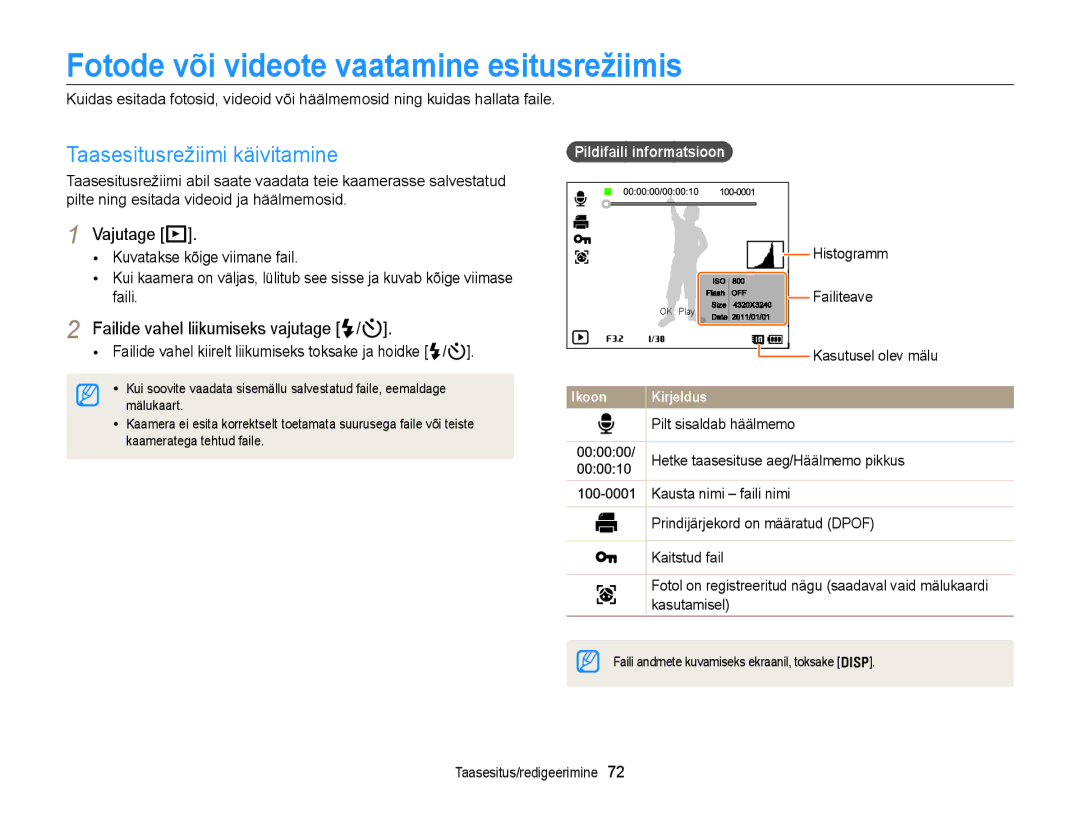 Samsung EC-WB700ZBPBE2 Fotode või videote vaatamine esitusrežiimis, Vajutage P, Failide vahel liikumiseks vajutage F/t 