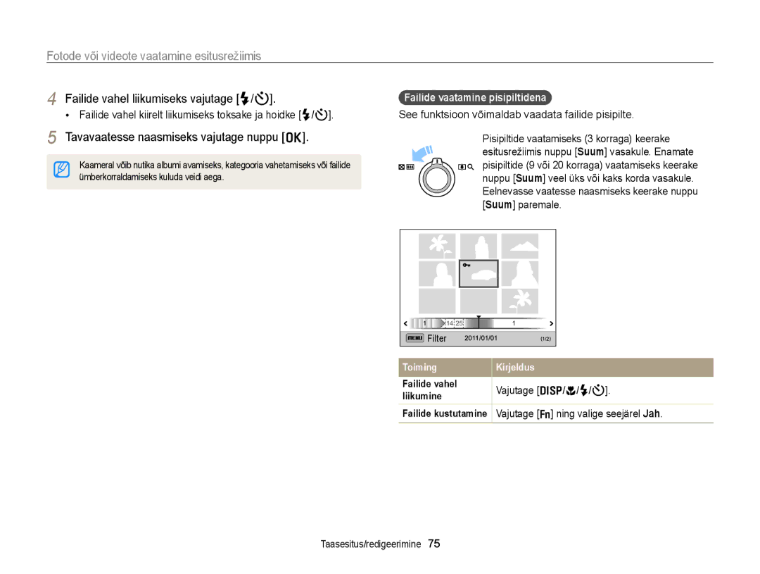 Samsung EC-WB700ZBPBE2 manual Tavavaatesse naasmiseks vajutage nuppu o, Failide vaatamine pisipiltidena, Vajutage D/c/F/t 