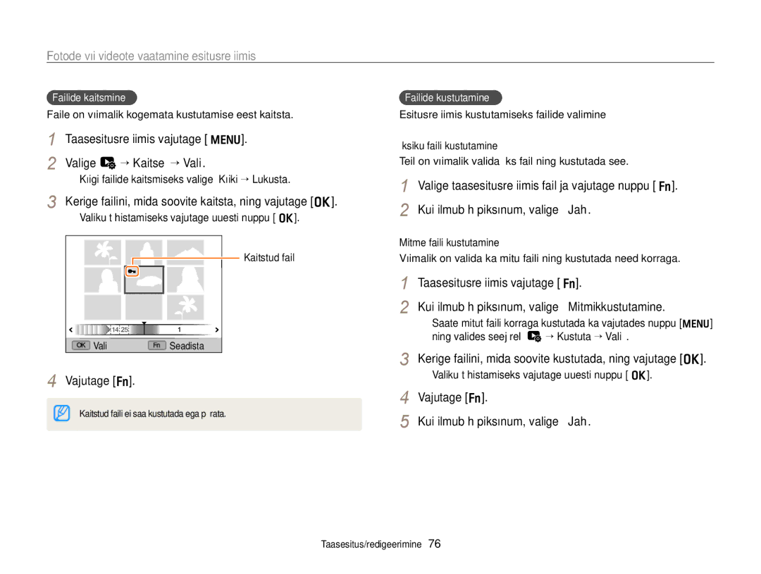 Samsung EC-WB700ZBPBE2 manual Valige L “ Kaitse “ Vali, Kerige failini, mida soovite kaitsta, ning vajutage o 