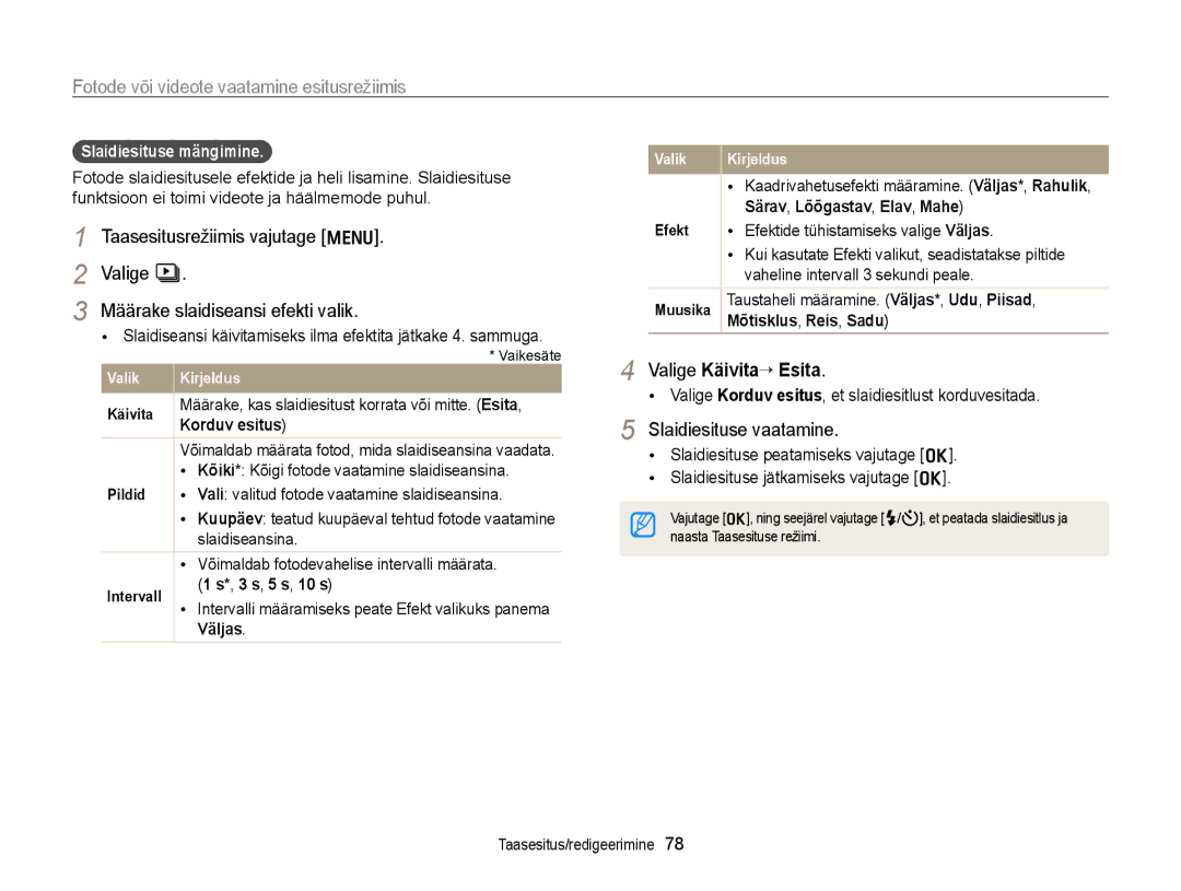 Samsung EC-WB700ZBPBE2 manual Valige Käivita“ Esita, Slaidiesituse vaatamine, Slaidiesituse mängimine 