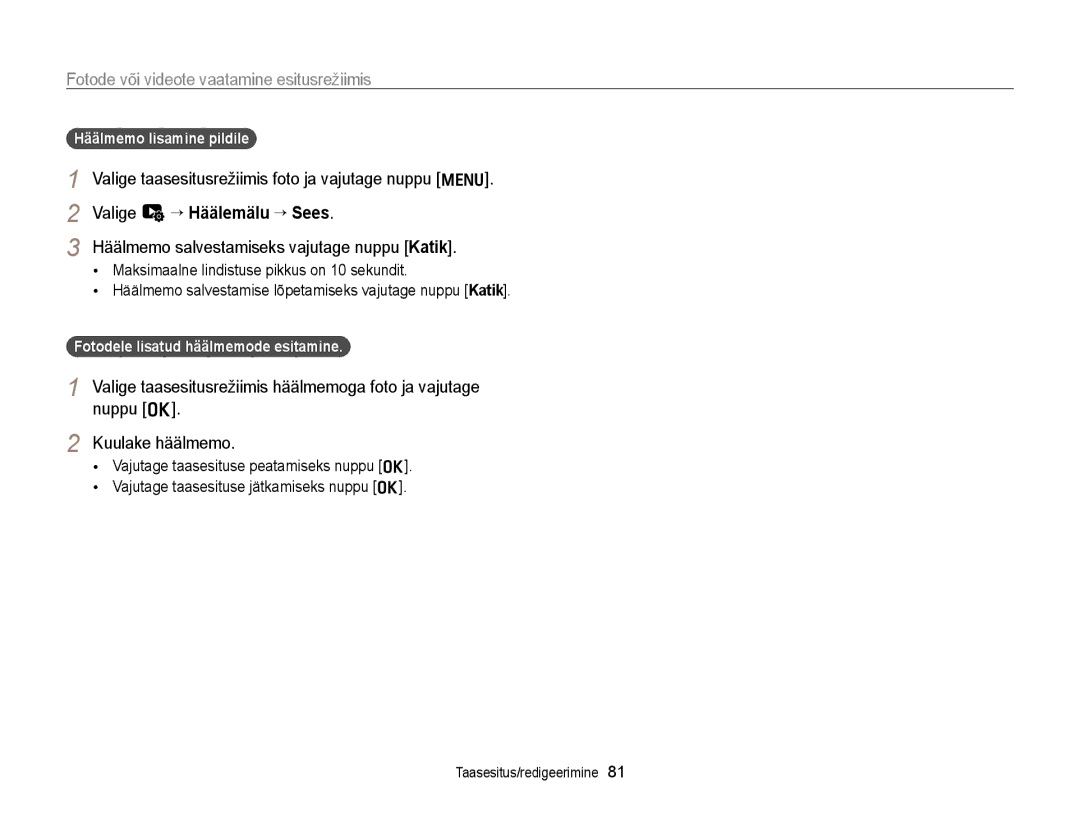 Samsung EC-WB700ZBPBE2 manual Häälmemo lisamine pildile, Fotodele lisatud häälmemode esitamine 