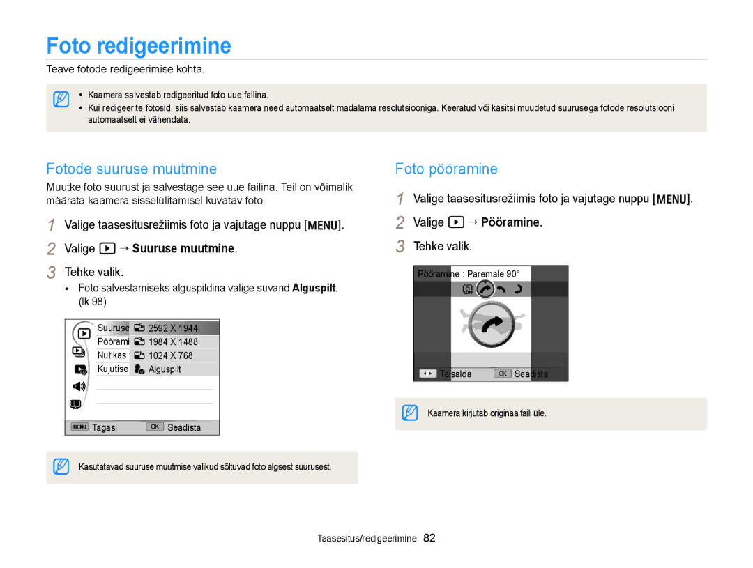 Samsung EC-WB700ZBPBE2 manual Foto redigeerimine, Fotode suuruse muutmine, Foto pööramine, Teave fotode redigeerimise kohta 