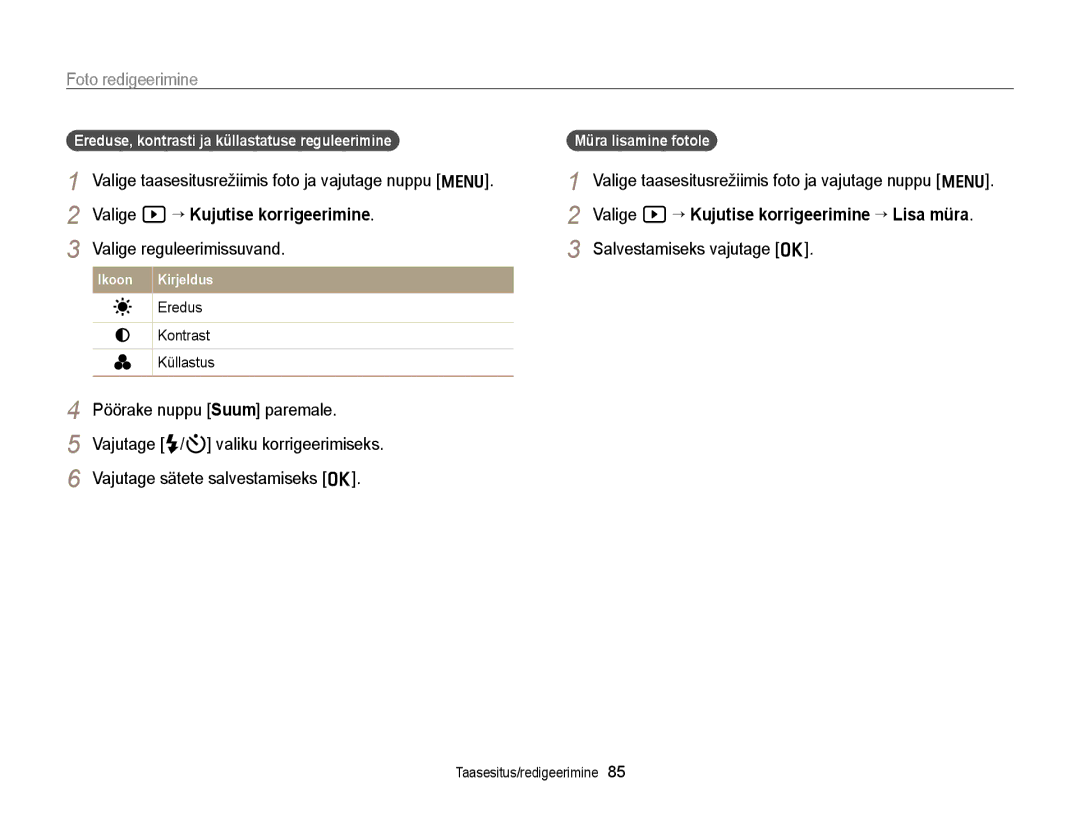 Samsung EC-WB700ZBPBE2 manual Valige reguleerimissuvand, Salvestamiseks vajutage o, Eredus Kontrast Küllastus 