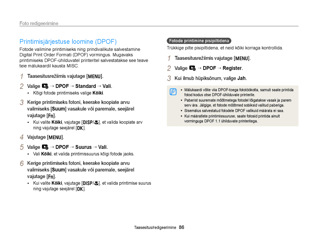 Samsung EC-WB700ZBPBE2 Printimisjärjestuse loomine Dpof, Valige L “ Dpof “ Standard “ Vali, Valige L “ Dpof “ Register 