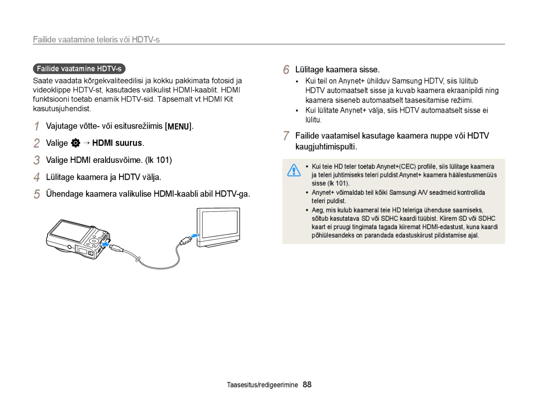 Samsung EC-WB700ZBPBE2 manual Failide vaatamine teleris või HDTV-s, Valige n “ Hdmi suurus 