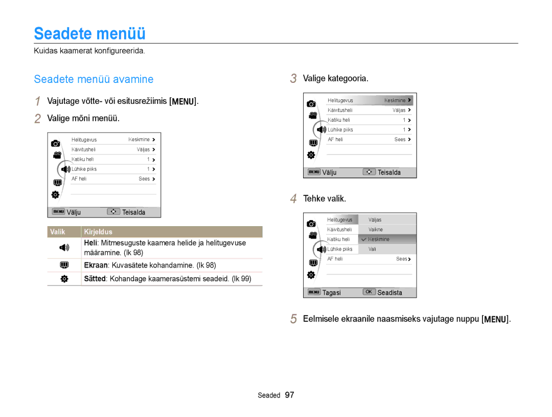 Samsung EC-WB700ZBPBE2 manual Seadete menüü avamine, Vajutage võtte- või esitusrežiimis m Valige mõni menüü 