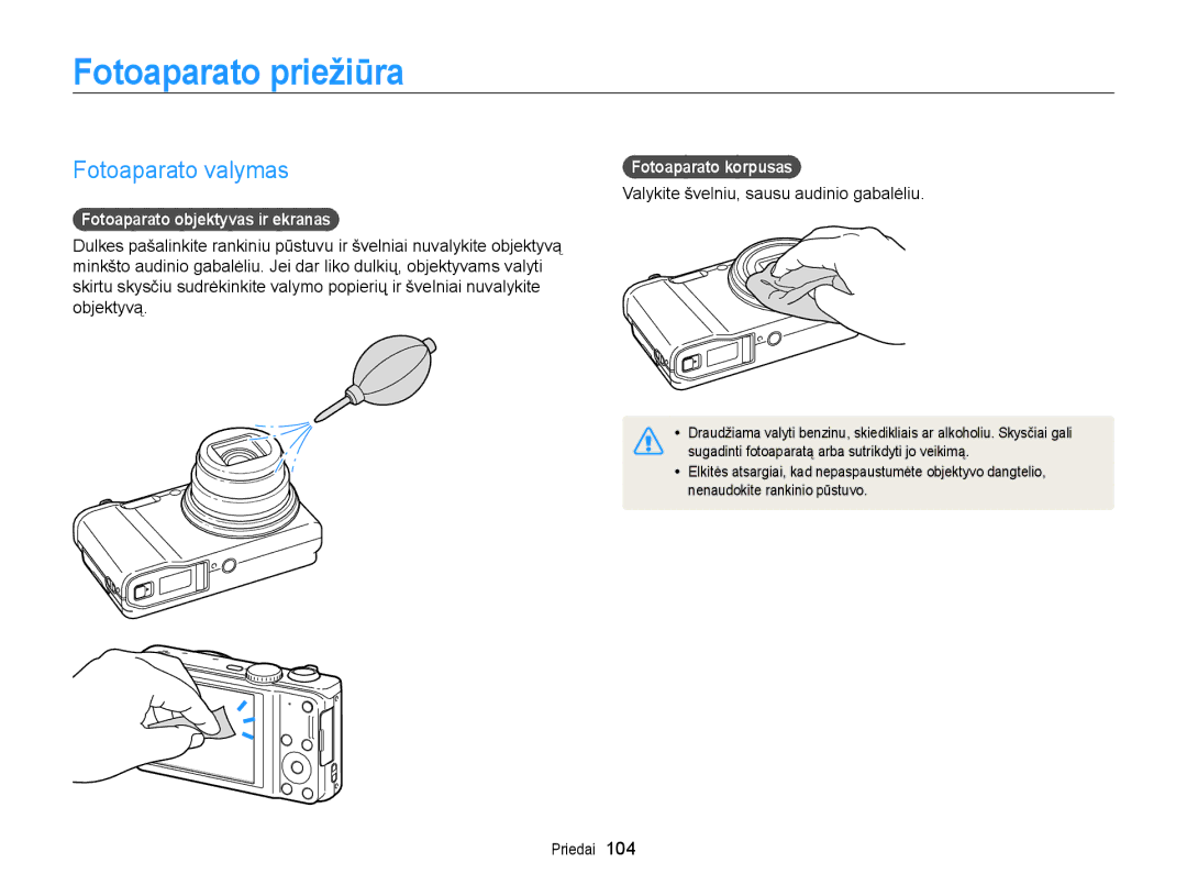 Samsung EC-WB700ZBPBE2 Fotoaparato priežiūra, Fotoaparato valymas, Fotoaparato objektyvas ir ekranas, Fotoaparato korpusas 