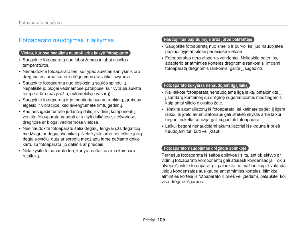 Samsung EC-WB700ZBPBE2 manual Fotoaparato naudojimas ir laikymas, Fotoaparato priežiūra 