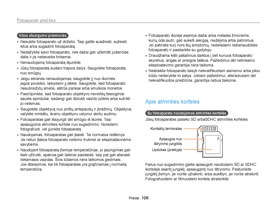 Samsung EC-WB700ZBPBE2 Apie atminties korteles, Kitos atsargumo priemonės, Su fotoaparatu naudojamos atminties kortelės 