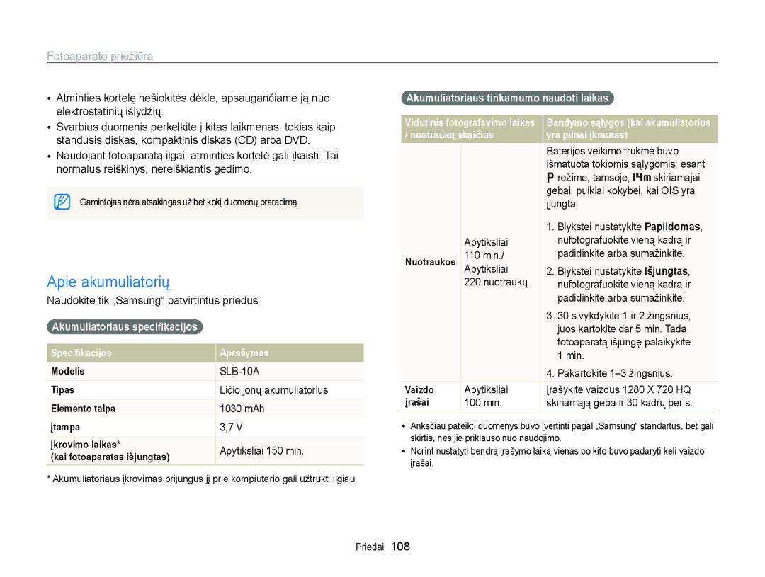 Samsung EC-WB700ZBPBE2 manual Apie akumuliatorių, Akumuliatoriaus speciﬁkacijos, Akumuliatoriaus tinkamumo naudoti laikas 