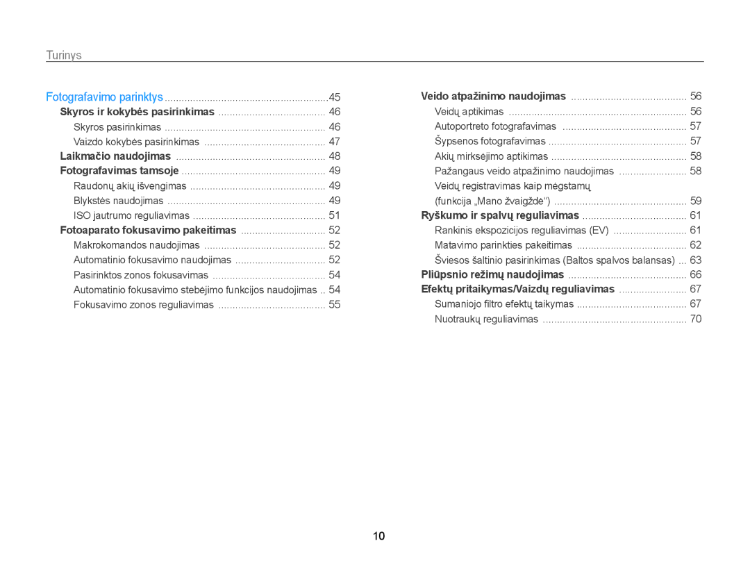 Samsung EC-WB700ZBPBE2 manual Turinys, Akių mirksėjimo aptikimas 