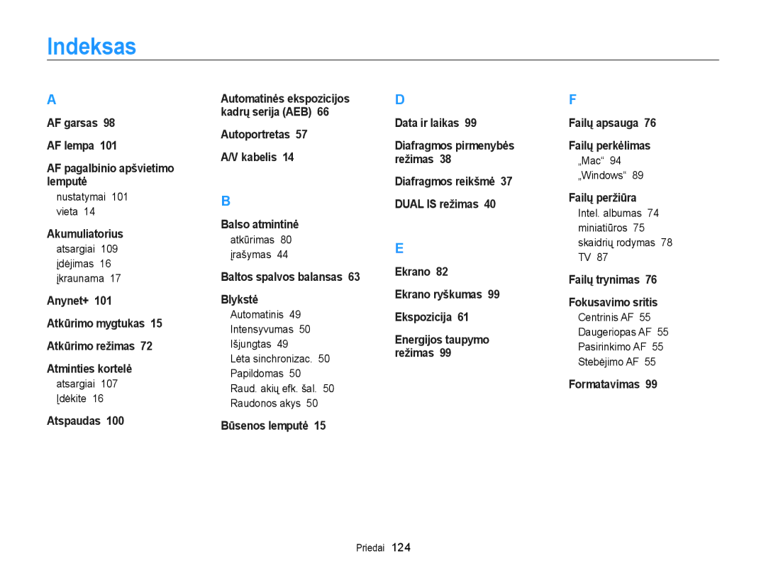 Samsung EC-WB700ZBPBE2 manual Indeksas 