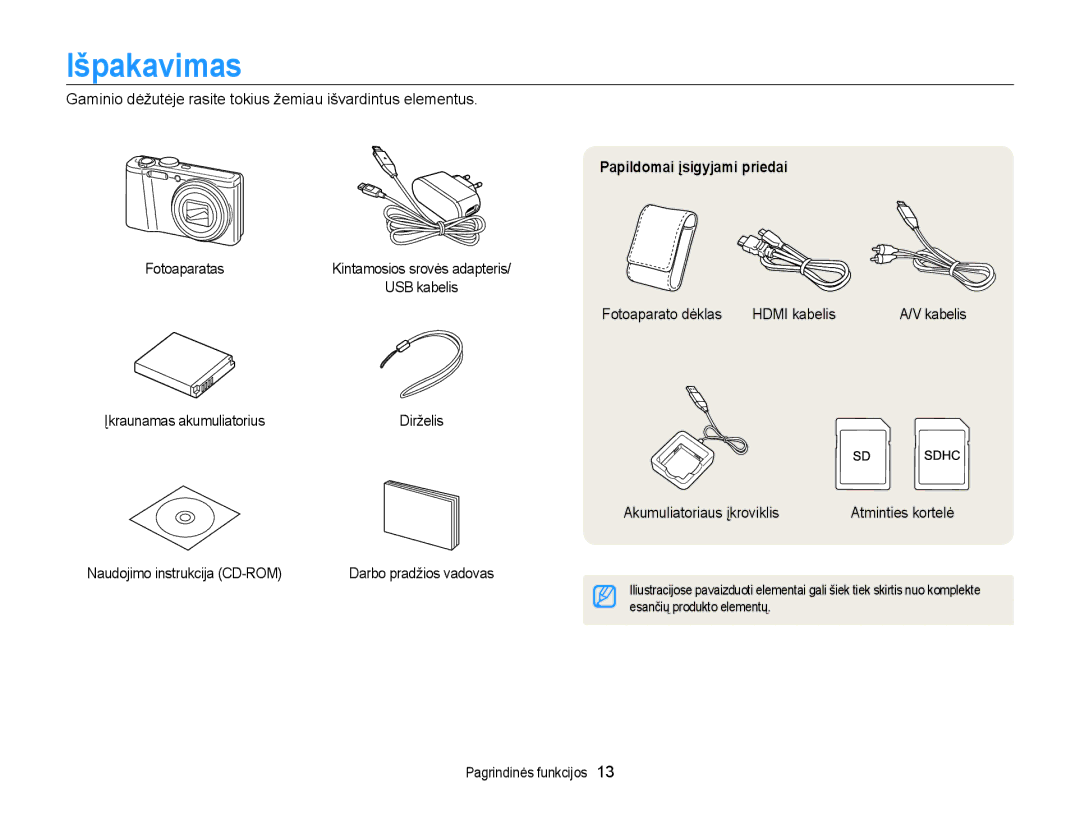 Samsung EC-WB700ZBPBE2 manual Išpakavimas, Papildomai įsigyjami priedai 