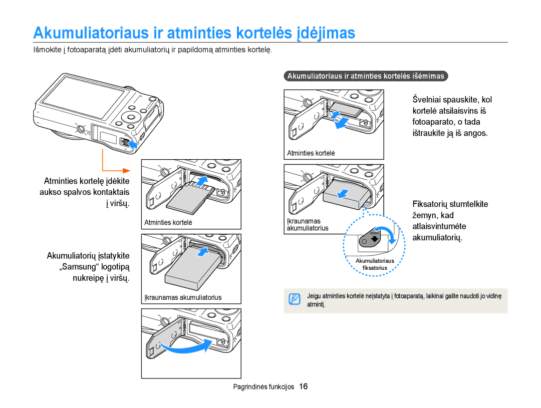 Samsung EC-WB700ZBPBE2 manual Akumuliatoriaus ir atminties kortelės įdėjimas, Akumuliatorių 