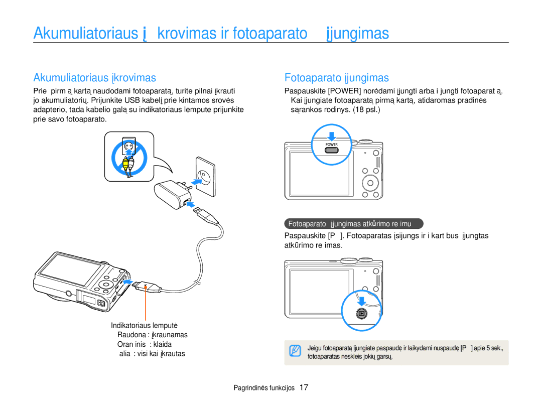 Samsung EC-WB700ZBPBE2 manual Akumuliatoriaus įkrovimas ir fotoaparato įjungimas, Fotoaparato įjungimas, Oranžinis klaida 