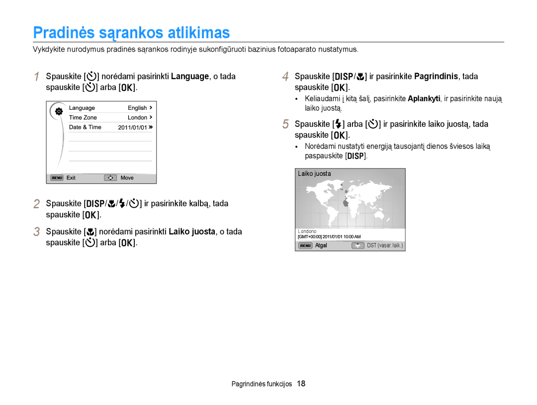 Samsung EC-WB700ZBPBE2 Pradinės sąrankos atlikimas, Spauskite F arba t ir pasirinkite laiko juostą, tada, Laiko juostą 