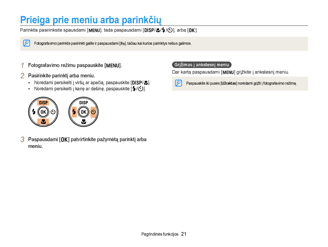 Samsung EC-WB700ZBPBE2 manual Prieiga prie meniu arba parinkčių, Paspausdami o patvirtinkite pažymėtą parinktį arba meniu 