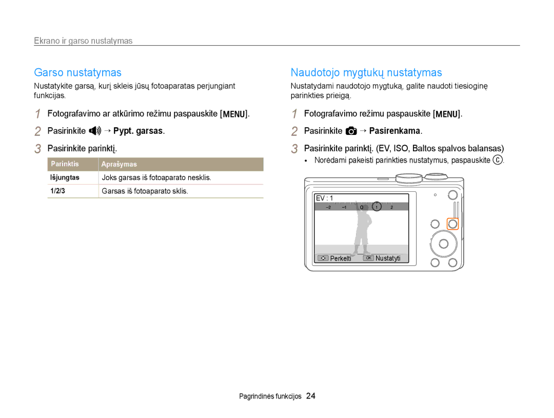 Samsung EC-WB700ZBPBE2 manual Garso nustatymas, Naudotojo mygtukų nustatymas, Ekrano ir garso nustatymas 