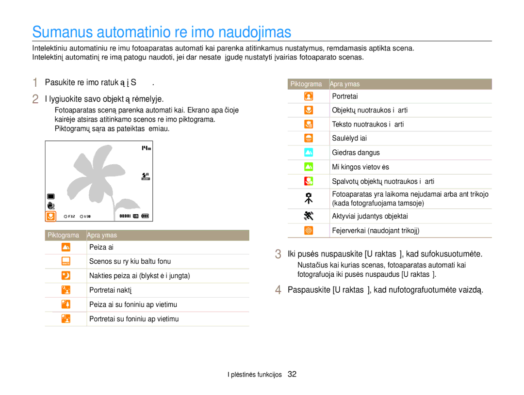 Samsung EC-WB700ZBPBE2 manual Sumanus automatinio režimo naudojimas, Iki pusės nuspauskite Užraktas, kad sufokusuotumėte 