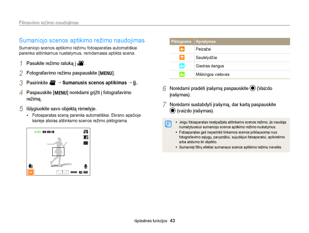 Samsung EC-WB700ZBPBE2 manual Sumaniojo scenos aptikimo režimo naudojimas, Pasirinkite V “ Sumanusis scenos aptikimas “ Įj 