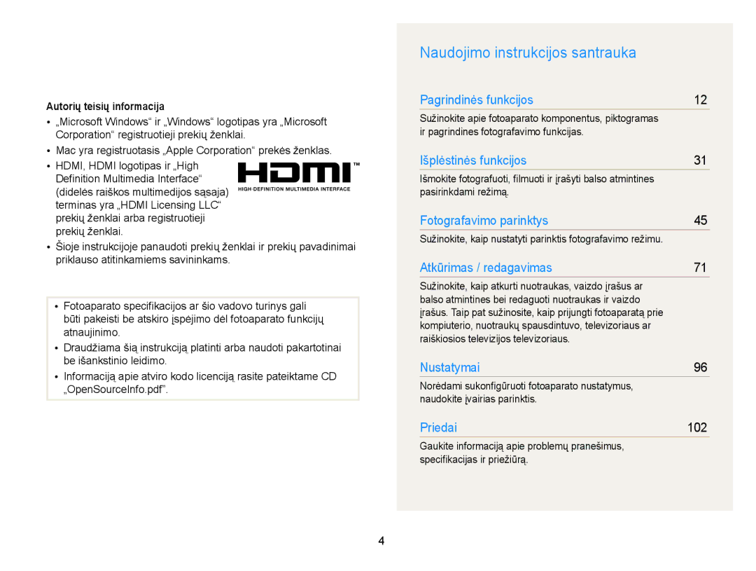 Samsung EC-WB700ZBPBE2 manual Naudojimo instrukcijos santrauka, Autorių teisių informacija, Pasirinkdami režimą 