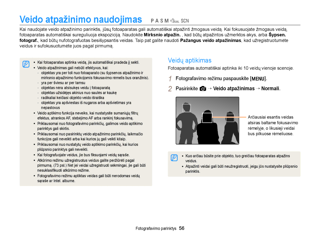 Samsung EC-WB700ZBPBE2 manual Veidų aptikimas, Pasirinkite a “ Veido atpažinimas “ Normali 