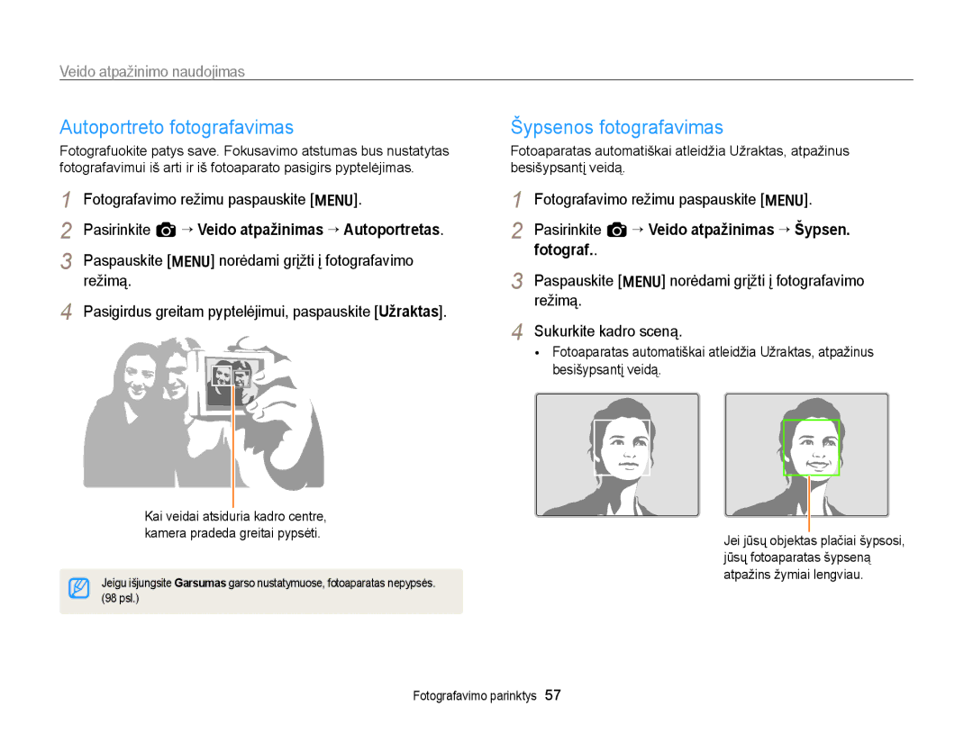 Samsung EC-WB700ZBPBE2 manual Autoportreto fotografavimas, Veido atpažinimo naudojimas 
