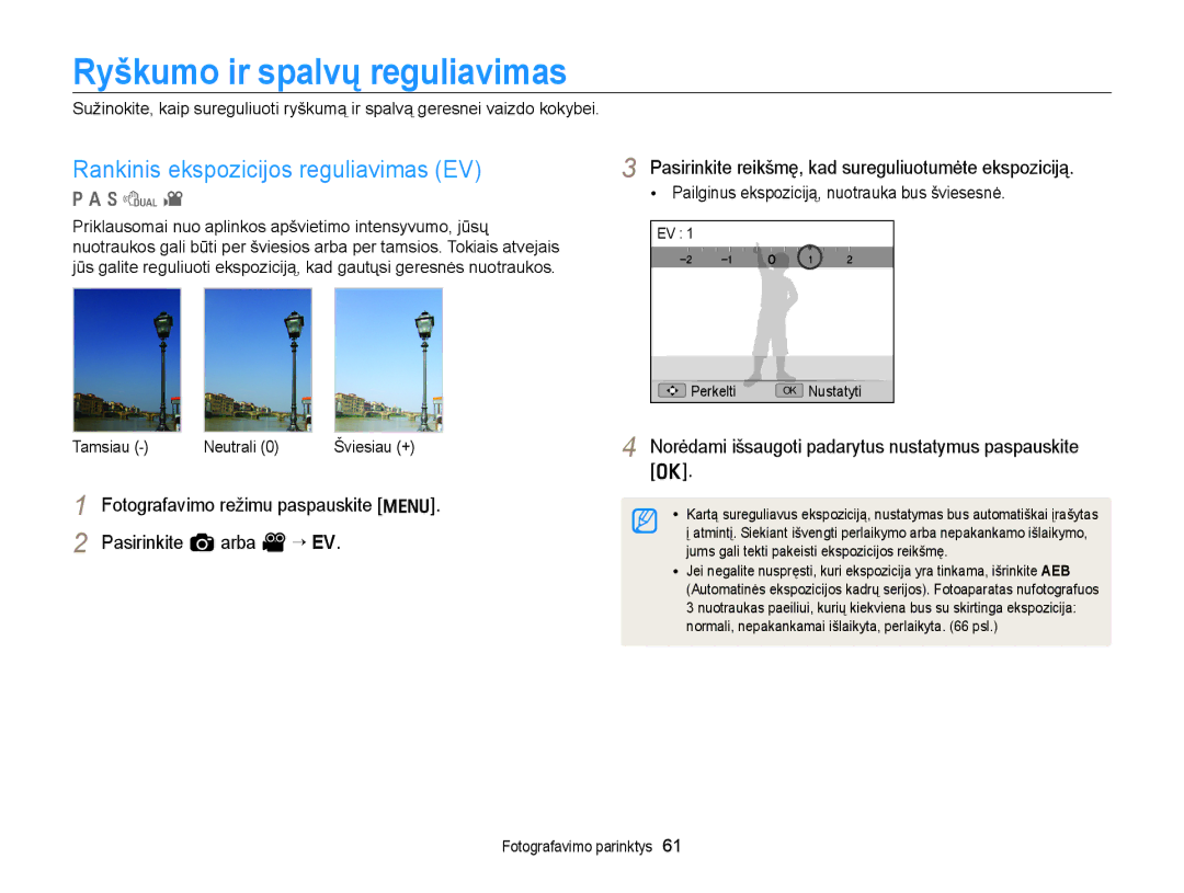 Samsung EC-WB700ZBPBE2 manual Ryškumo ir spalvų reguliavimas, Rankinis ekspozicijos reguliavimas EV 