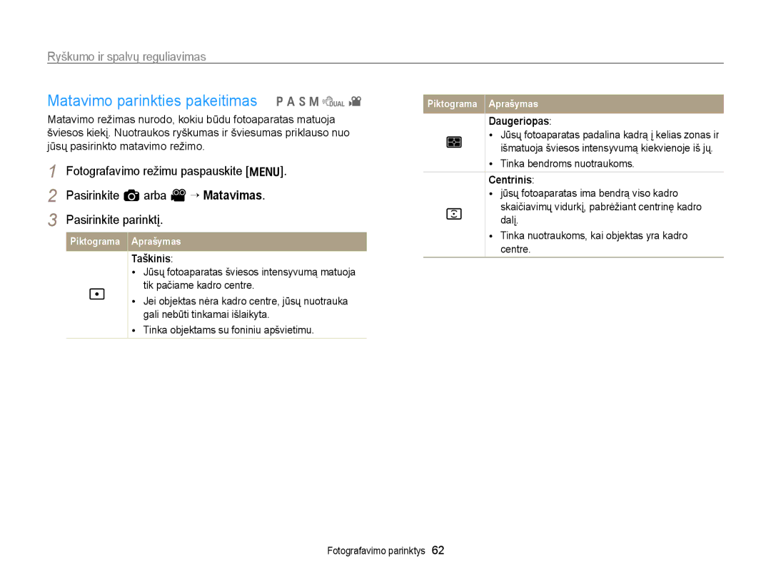 Samsung EC-WB700ZBPBE2 Matavimo parinkties pakeitimas p a h M d, Ryškumo ir spalvų reguliavimas, Daugeriopas, Centrinis 