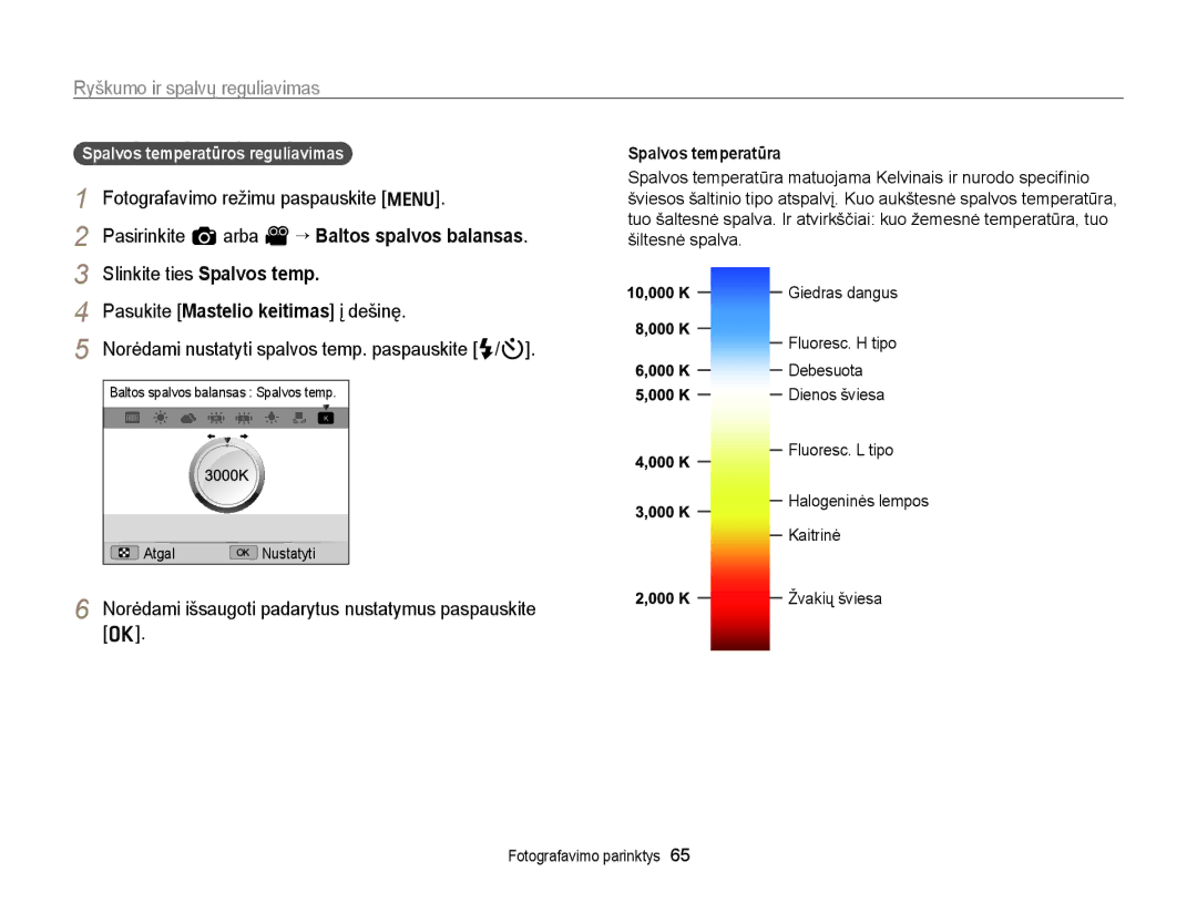 Samsung EC-WB700ZBPBE2 manual Spalvos temperatūros reguliavimas, Spalvos temperatūra 