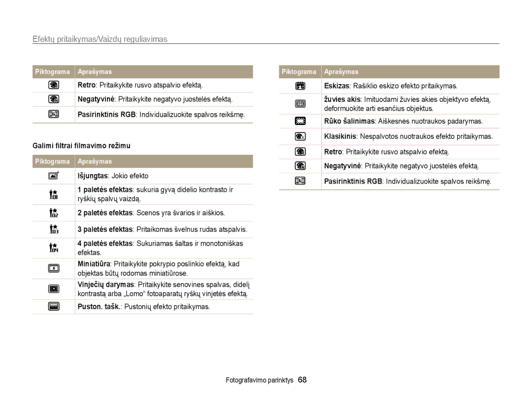 Samsung EC-WB700ZBPBE2 manual Efektų pritaikymas/Vaizdų reguliavimas, Galimi ﬁltrai ﬁlmavimo režimu 