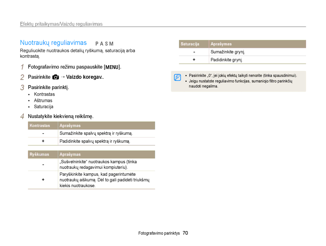 Samsung EC-WB700ZBPBE2 manual Nuotraukų reguliavimas p a h M, Nustatykite kiekvieną reikšmę 