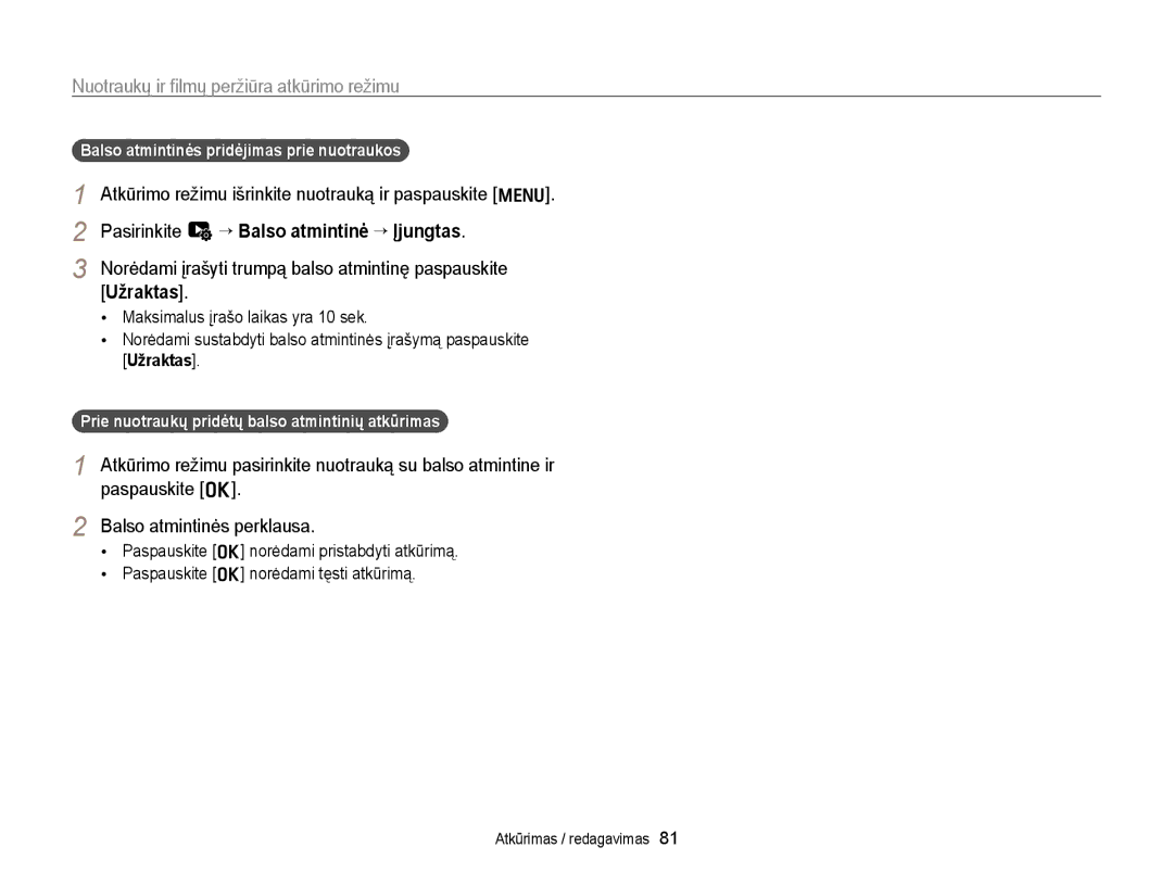 Samsung EC-WB700ZBPBE2 Balso atmintinės pridėjimas prie nuotraukos, Prie nuotraukų pridėtų balso atmintinių atkūrimas 