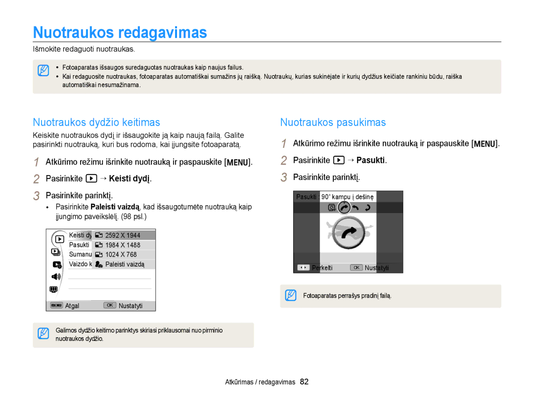 Samsung EC-WB700ZBPBE2 manual Nuotraukos redagavimas, Nuotraukos dydžio keitimas, Išmokite redaguoti nuotraukas 