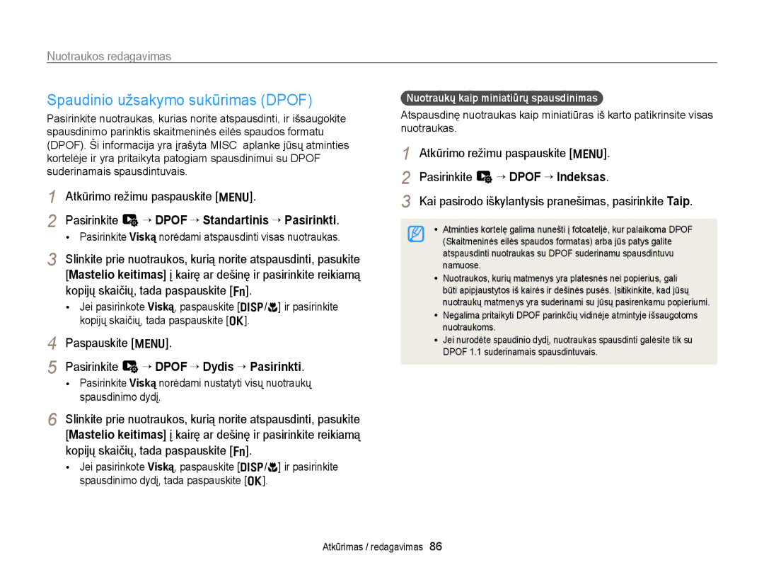 Samsung EC-WB700ZBPBE2 manual Spaudinio užsakymo sukūrimas Dpof, Pasirinkite L “ Dpof “ Standartinis “ Pasirinkti 