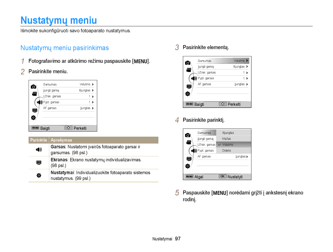 Samsung EC-WB700ZBPBE2 manual Nustatymų meniu pasirinkimas, Pasirinkite elementą 