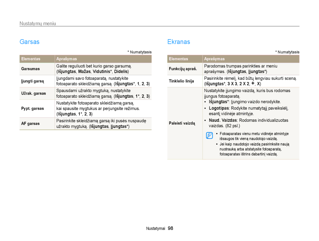 Samsung EC-WB700ZBPBE2 manual Garsas, Ekranas, Nustatymų meniu 