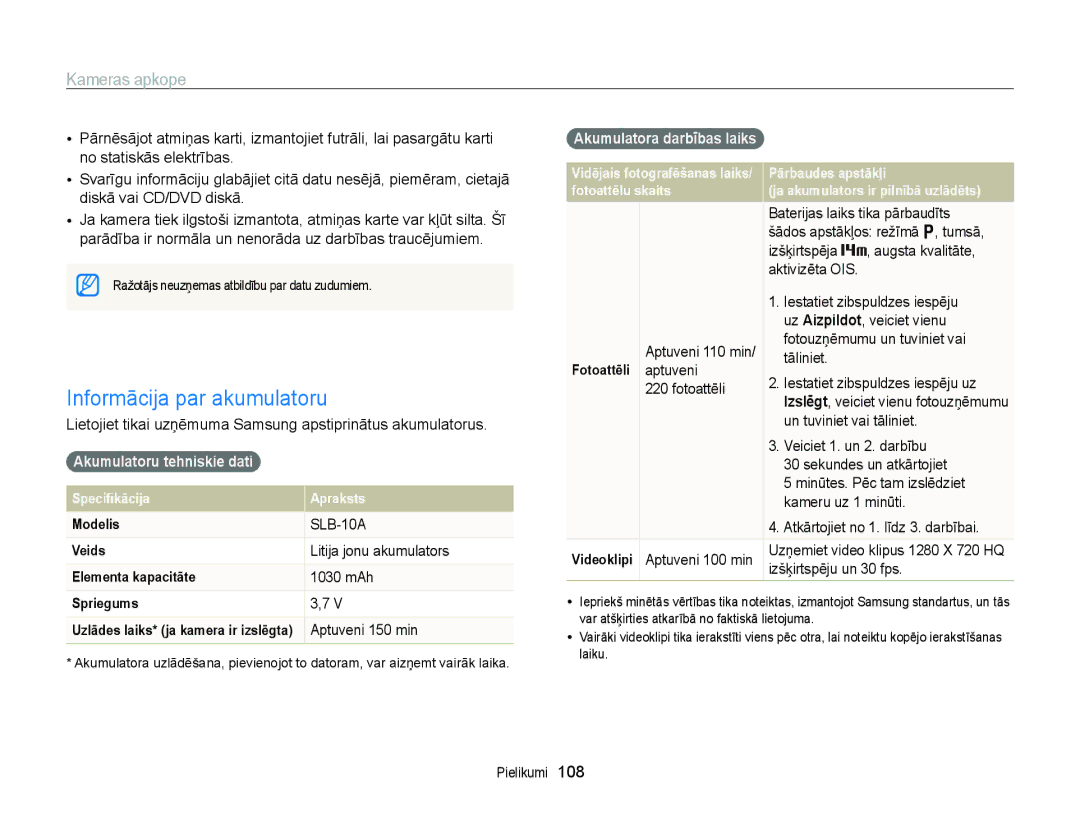 Samsung EC-WB700ZBPBE2 manual Informācija par akumulatoru, Akumulatoru tehniskie dati, Akumulatora darbības laiks 