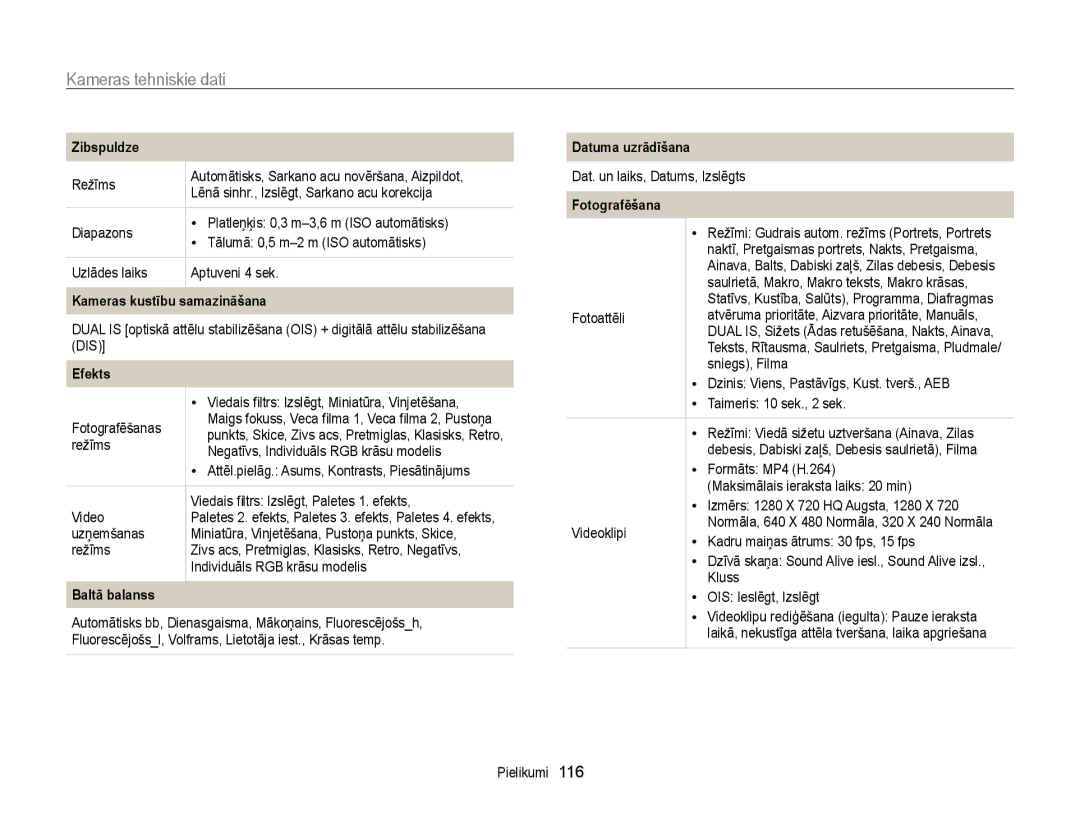 Samsung EC-WB700ZBPBE2 manual Kameras tehniskie dati 