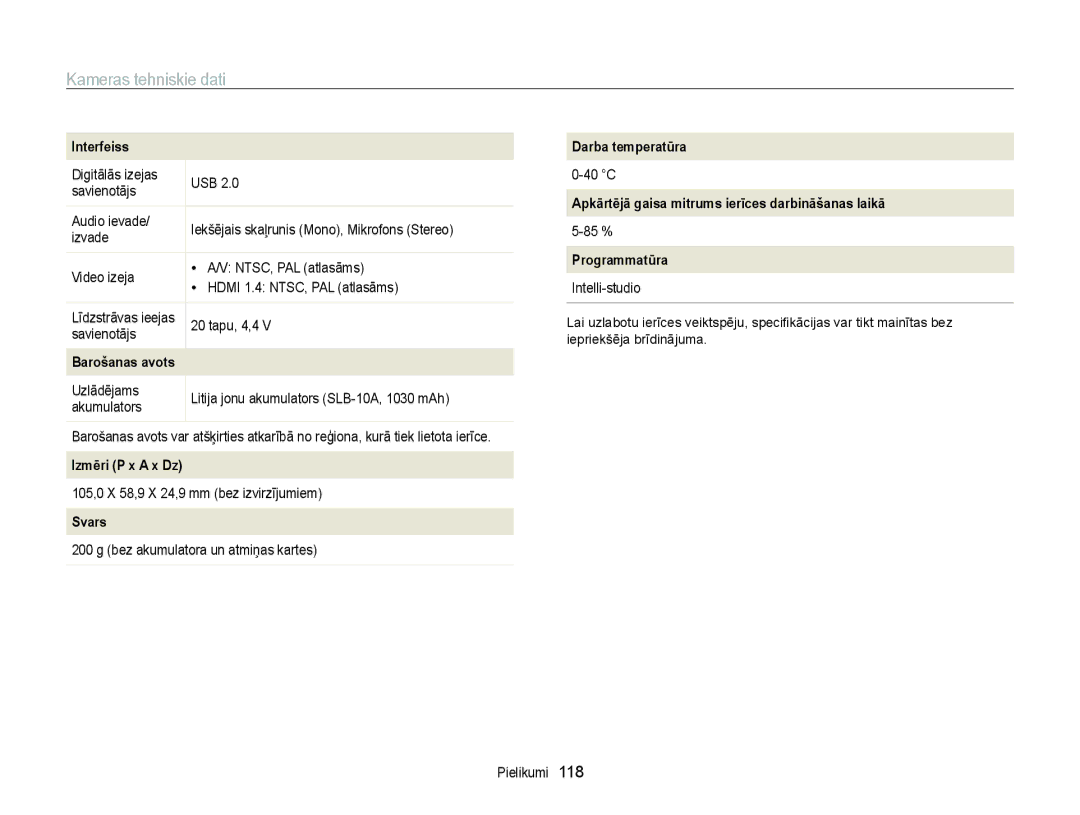 Samsung EC-WB700ZBPBE2 manual Interfeiss, Barošanas avots, Izmēri P x a x Dz, Svars, Darba temperatūra 