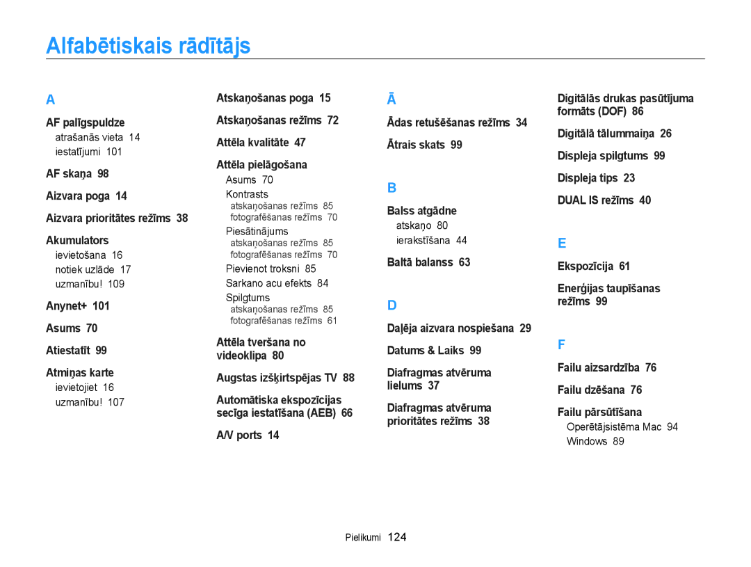 Samsung EC-WB700ZBPBE2 manual Alfabētiskais rādītājs 