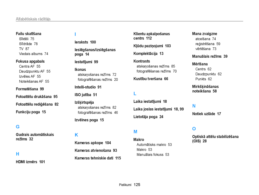 Samsung EC-WB700ZBPBE2 manual Alfabētiskais rādītājs 