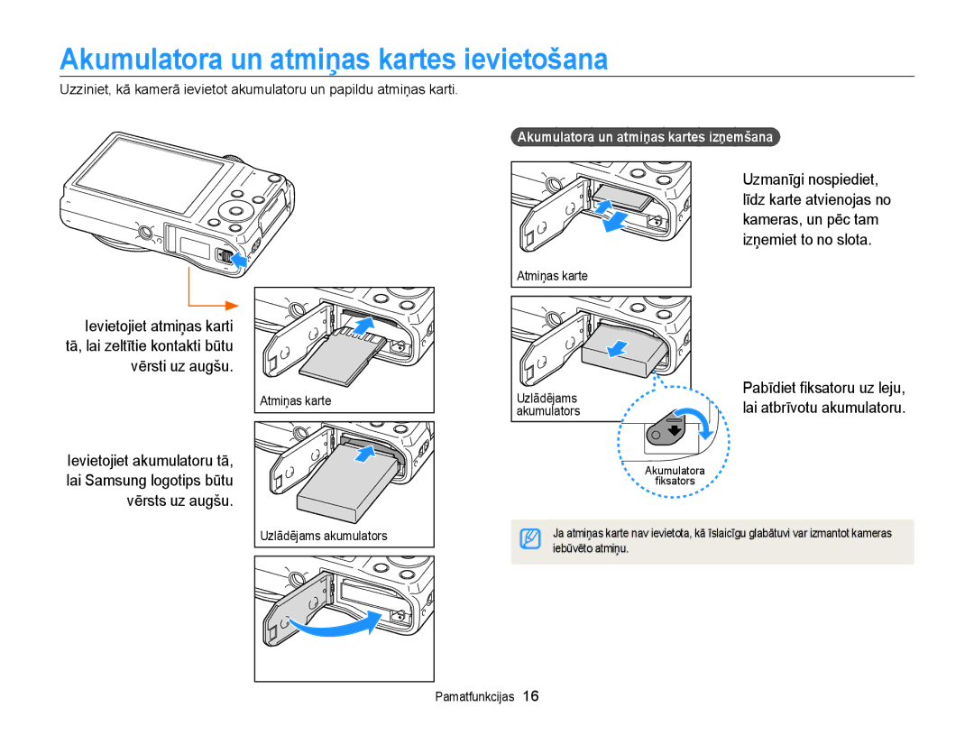 Samsung EC-WB700ZBPBE2 manual Akumulatora un atmiņas kartes ievietošana, Uzmanīgi nospiediet 