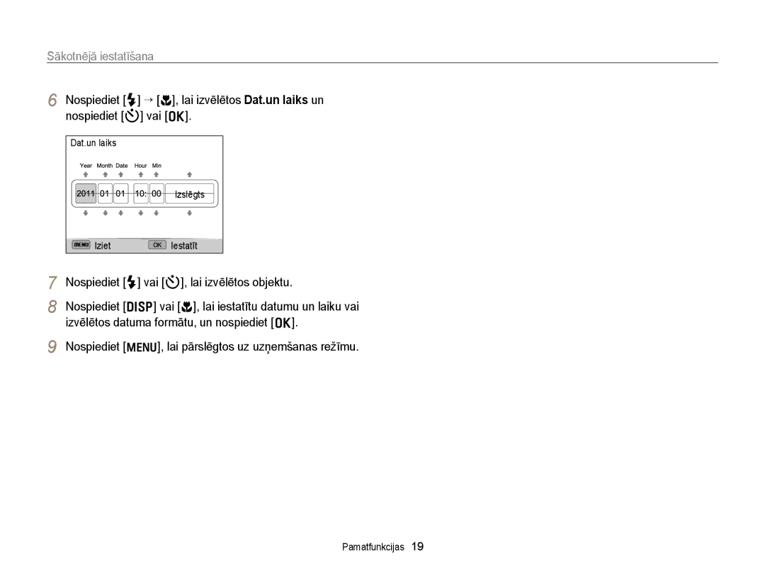 Samsung EC-WB700ZBPBE2 manual Sākotnējā iestatīšana 