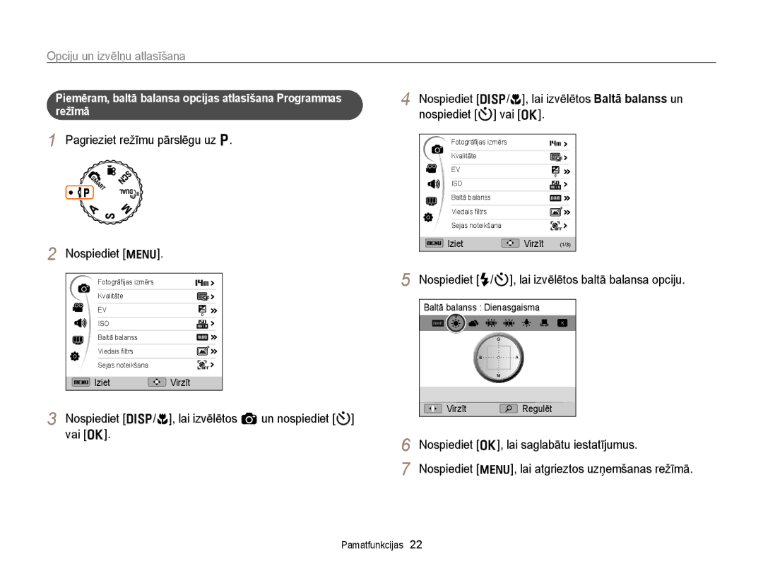 Samsung EC-WB700ZBPBE2 manual Opciju un izvēlņu atlasīšana, Pagrieziet režīmu pārslēgu uz p Nospiediet m 