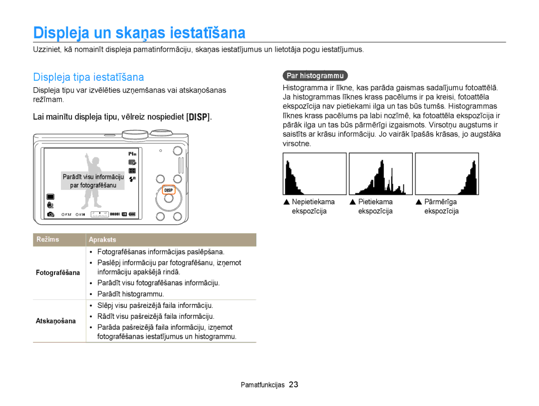 Samsung EC-WB700ZBPBE2 manual Displeja un skaņas iestatīšana, Displeja tipa iestatīšana, Par histogrammu 