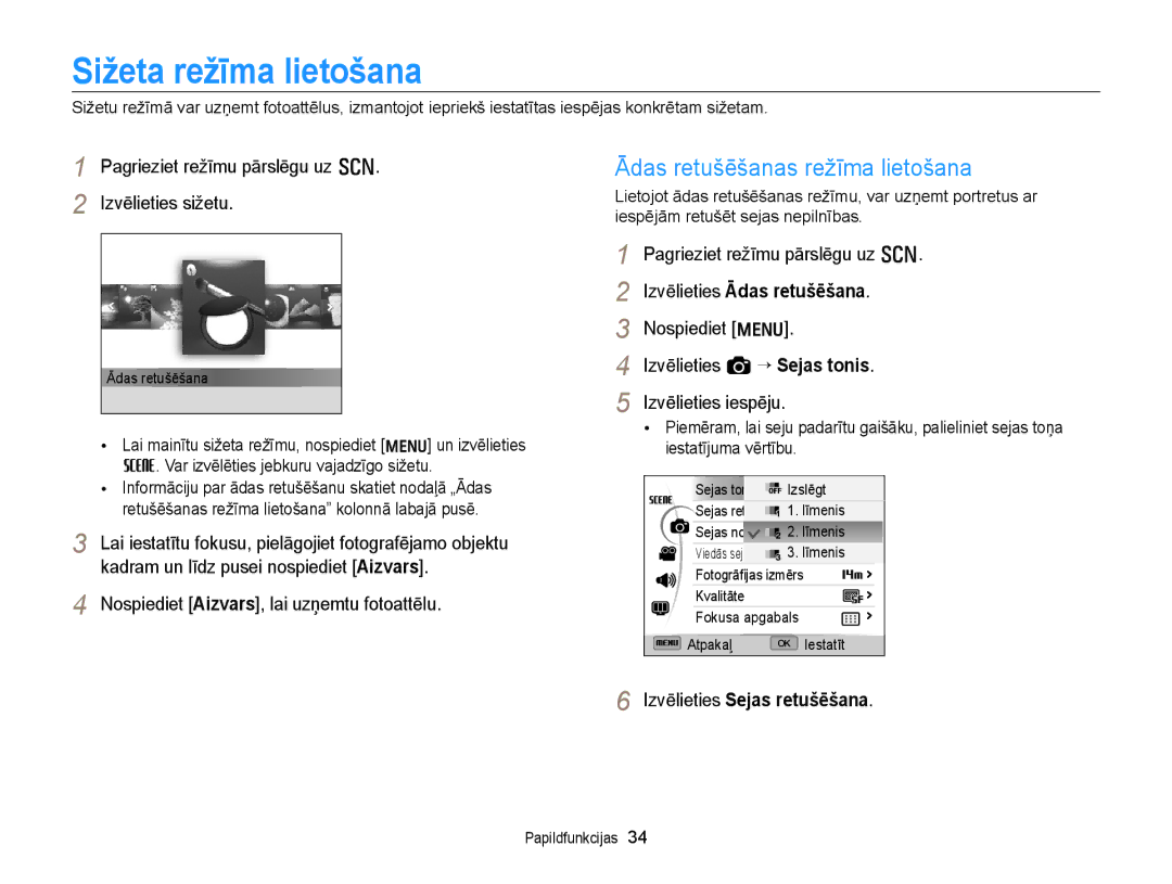 Samsung EC-WB700ZBPBE2 manual Sižeta režīma lietošana, Ādas retušēšanas režīma lietošana 